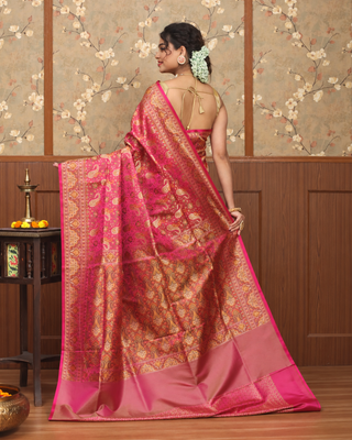 Rani Pink Jamawar Tanchoi Banarasi Semi Katan Silk Saree