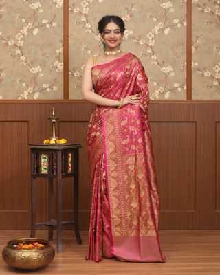 Rani Pink Jamawar Tanchoi Banarasi Semi Katan Silk Saree