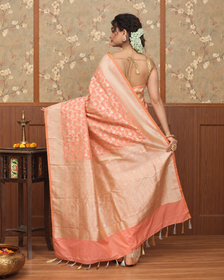 Peach Banarasi Semi Katan Silk Saree with Floral Zari Weaves
