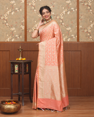 Peach Banarasi Semi Katan Silk Saree with Floral Zari Weaves