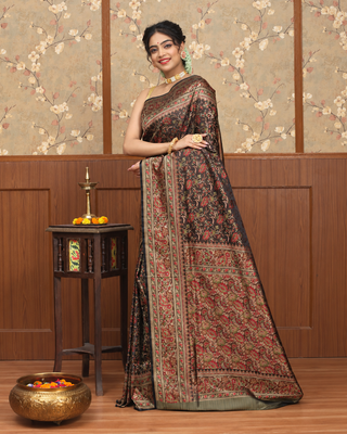 Deep Coffee Brown Jamawar Tanchoi Banarasi Semi Katan Silk Saree with Floral Jaal