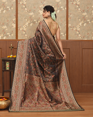 Deep Coffee Brown Jamawar Tanchoi Banarasi Semi Katan Silk Saree with Floral Jaal