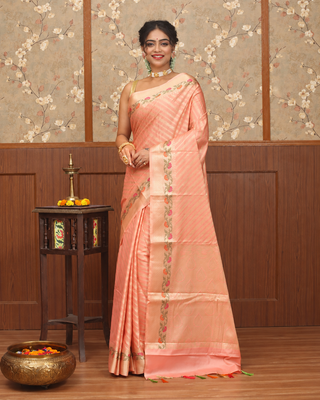 Peach Cotton Silk Banarasi Saree with Floral Border and Pallu