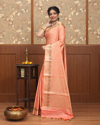 Peach Cotton Silk Banarasi Saree with Floral Border and Pallu