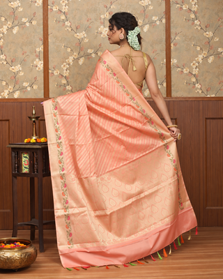 Peach Cotton Silk Banarasi Saree with Floral Border and Pallu