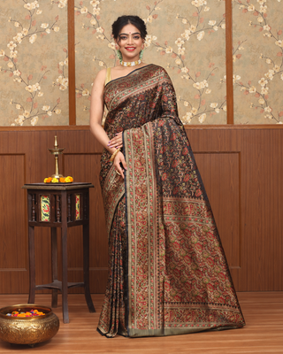 Deep Coffee Brown Jamawar Tanchoi Banarasi Semi Katan Silk Saree with Floral Jaal
