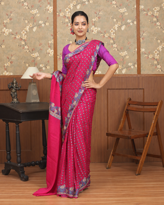 Rani Pink Banarasi Pure Handloom Chiffon Saree with Floral Weaves