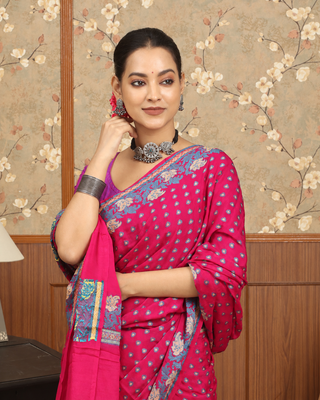 Rani Pink Banarasi Pure Handloom Chiffon Saree with Floral Weaves