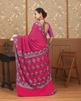 Rani Pink Banarasi Pure Handloom Chiffon Saree with Floral Weaves