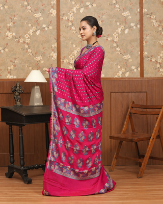 Rani Pink Banarasi Pure Handloom Chiffon Saree with Floral Weaves
