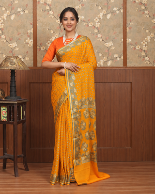 Mustard Yellow Banarasi Pure Chiffon Handloom Saree with Floral Border and Pallu