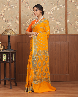 Mustard Yellow Banarasi Pure Chiffon Handloom Saree with Floral Border and Pallu