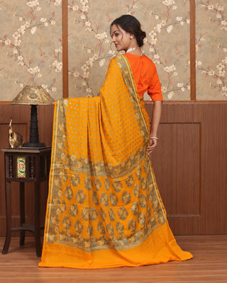 Mustard Yellow Banarasi Pure Chiffon Handloom Saree with Floral Border and Pallu