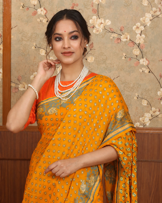 Mustard Yellow Banarasi Pure Chiffon Handloom Saree with Floral Border and Pallu