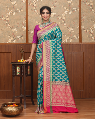 Teal Green Pure Khaddi Banarasi Handloom Silk Saree with Gold Zari Butis and Rani Pink Pallu