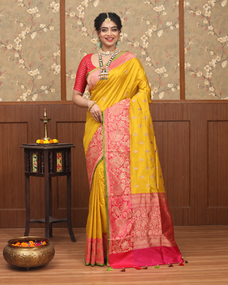 Mustard Yellow Pure Katan Silk Banarasi Handloom Saree with Gold Zari Butis and Rani Pink Floral Pallu