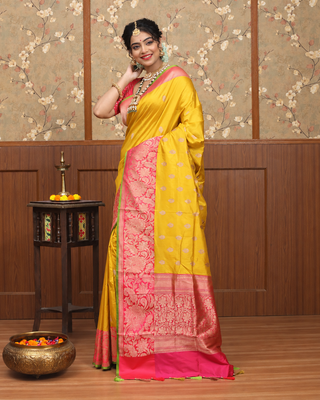 Mustard Yellow Pure Katan Silk Banarasi Handloom Saree with Gold Zari Butis and Rani Pink Floral Pallu