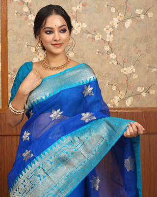 Royal Blue Pure Kora Banarasi Handloom Silk Saree with Silver Zari Floral Motifs and Turquoise Border