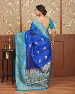Royal Blue Pure Kora Banarasi Handloom Silk Saree with Silver Zari Floral Motifs and Turquoise Border