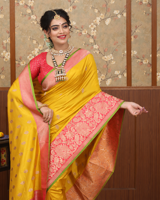 Mustard Yellow Pure Katan Silk Banarasi Handloom Saree with Gold Zari Butis and Rani Pink Floral Pallu