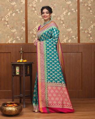 Teal Green Pure Khaddi Banarasi Handloom Silk Saree with Gold Zari Butis and Rani Pink Pallu
