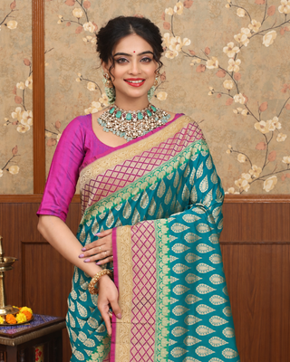 Teal Green Pure Khaddi Banarasi Handloom Silk Saree with Gold Zari Butis and Rani Pink Pallu