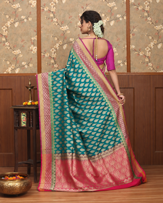 Teal Green Pure Khaddi Banarasi Handloom Silk Saree with Gold Zari Butis and Rani Pink Pallu