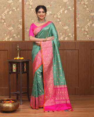 Sage Green Pure Katan Silk Banarasi Handloom Saree with Rani Pink Brocade Border