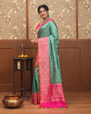 Sage Green Pure Katan Silk Banarasi Handloom Saree with Rani Pink Brocade Border