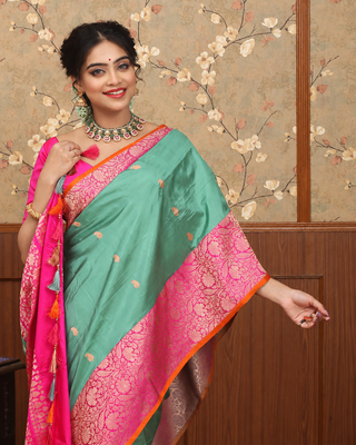 Sage Green Pure Katan Silk Banarasi Handloom Saree with Rani Pink Brocade Border