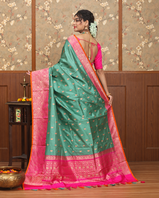Sage Green Pure Katan Silk Banarasi Handloom Saree with Rani Pink Brocade Border
