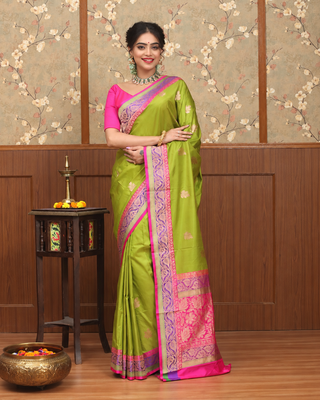 Leaf Green Pure Katan Silk Banarasi Handloom Saree with Pink & Purple Zari Borders
