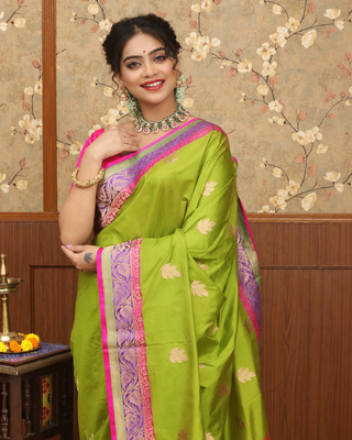 Leaf Green Pure Katan Silk Banarasi Handloom Saree with Pink & Purple Zari Borders