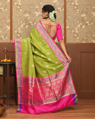 Leaf Green Pure Katan Silk Banarasi Handloom Saree with Pink & Purple Zari Borders