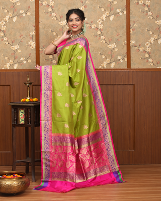 Leaf Green Pure Katan Silk Banarasi Handloom Saree with Pink & Purple Zari Borders