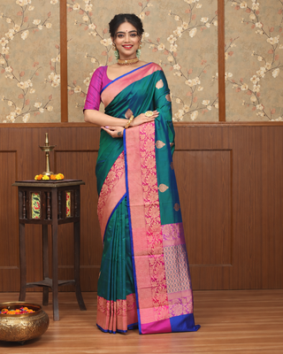 Pure Katan Silk Banarasi Handloom Saree – Dual-Tone Peacock Green with Rani Pink Zari Border