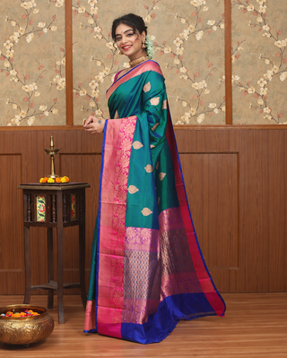 Pure Katan Silk Banarasi Handloom Saree – Dual-Tone Peacock Green with Rani Pink Zari Border