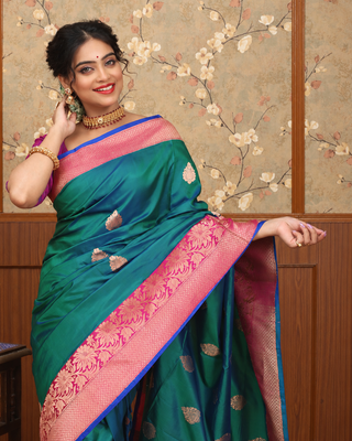 Pure Katan Silk Banarasi Handloom Saree – Dual-Tone Peacock Green with Rani Pink Zari Border
