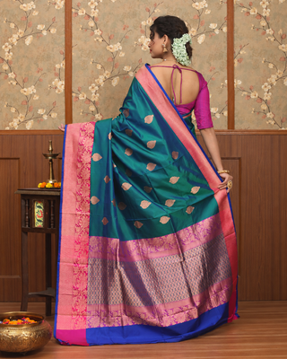 Pure Katan Silk Banarasi Handloom Saree – Dual-Tone Peacock Green with Rani Pink Zari Border