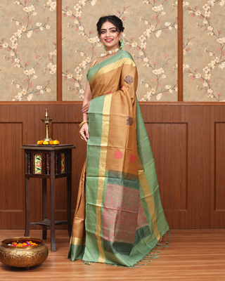 Antique Gold and Sage Green Pure Kanchipuram Soft Silk Saree with Woven Floral Motifs