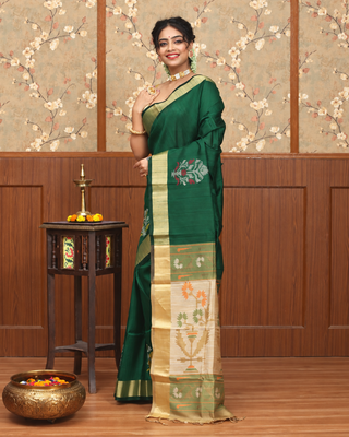 Title: Emerald Green Pure Kanchipuram Soft Silk Saree with Golden Zari Borders and Floral Woven Pallu