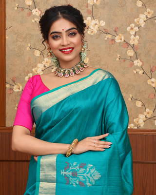 Peacock Teal Blue Pure Kanchipuram Soft Silk Saree with Antique Gold Zari Border and Coral Pink Pallu, Blouse