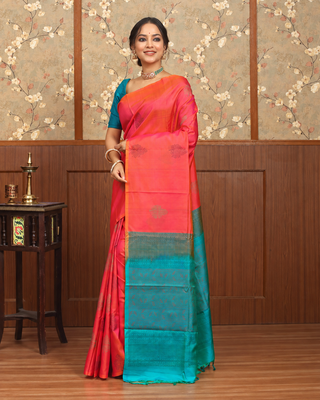 Coral Pink and Turquoise Blue Pure Kanchipuram Soft Silk Saree with Contrast Woven Pallu
