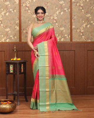 Coral Pink and Sage Green Pure Kanchipuram Soft Silk Saree with Golden Zari Border