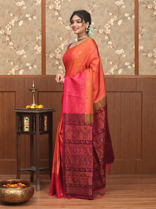 Sunset Orange and Rani Pink Pure Kanchipuram Soft Silk Saree with Paithani-Inspired Border and Pallu