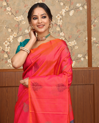 Coral Pink and Turquoise Blue Pure Kanchipuram Soft Silk Saree with Contrast Woven Pallu