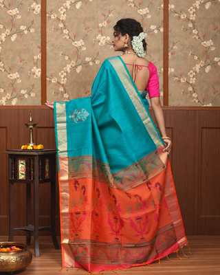 Peacock Teal Blue Pure Kanchipuram Soft Silk Saree with Antique Gold Zari Border and Coral Pink Pallu, Blouse