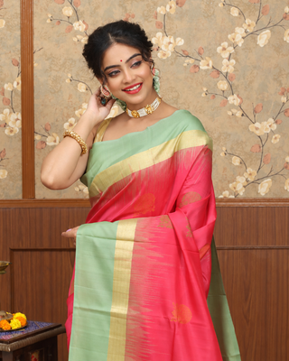 Coral Pink and Sage Green Pure Kanchipuram Soft Silk Saree with Golden Zari Border