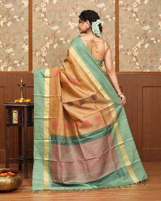 Antique Gold and Sage Green Pure Kanchipuram Soft Silk Saree with Woven Floral Motifs