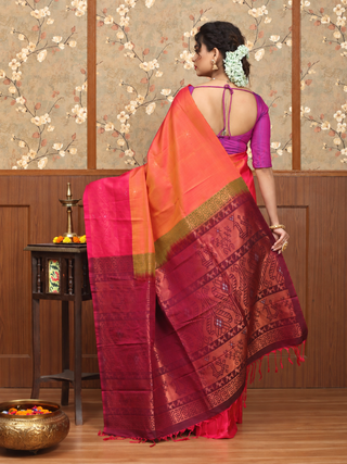 Sunset Orange and Rani Pink Pure Kanchipuram Soft Silk Saree with Paithani-Inspired Border and Pallu